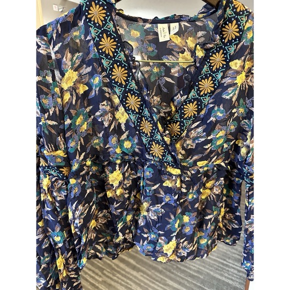 Anthropologie Tops - Anthropologie Meadow Rue Top Blue Small Strasser Floral Embroidered Sheer Blouse